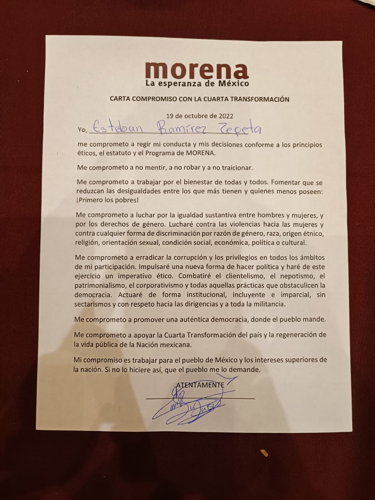 Firma Esteban Ramírez Zepeta carta compromiso para mantener los principios  de Morena | Elementosmx